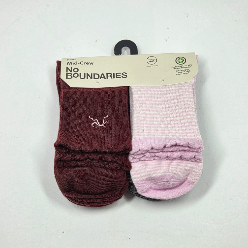 No Boundaries Womens Mid-Crew Socks 6 Pair Pack Shoe Size 4-10 Pink Grey Red